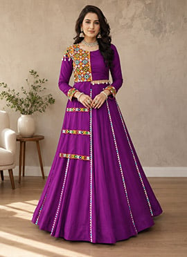 Purple Rayon Cotton Mirror Work Embroidered Indo Western For Garba
