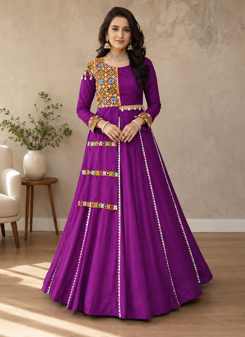 Purple Rayon Cotton Mirror Work Embroidered Indo Western For Garba Festive Wear