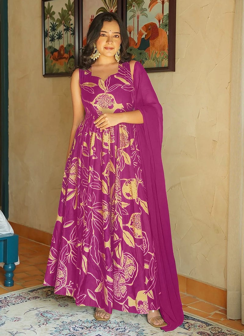 Purple Rayon Digital Print Anarkali Suit After Six Wear
