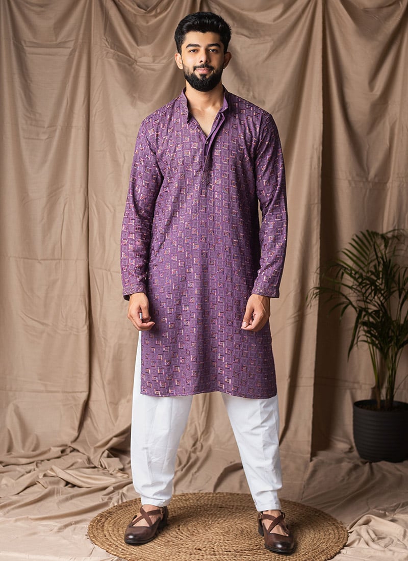 Purple Rayon Embroidered Sequins Kurta Pyjama Festive Wear
