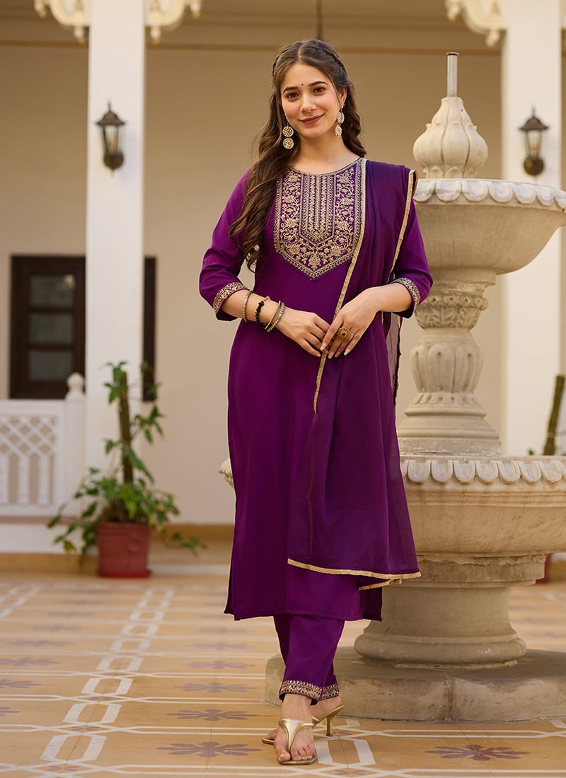 Purple Rayon Embroidered Straight Pant Suit Festive Wear