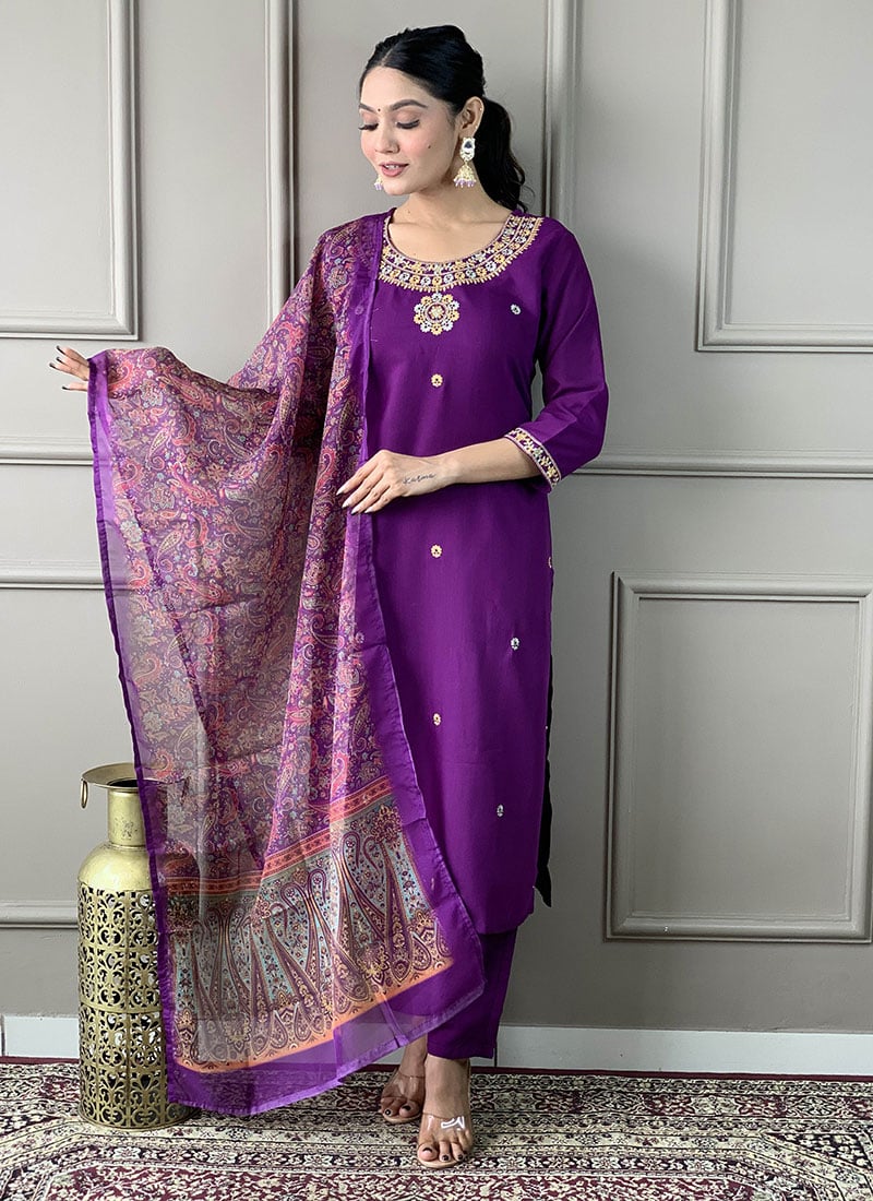 Purple Rayon Embroidered Straight Pant Suit With Printed Dupatta Festive Wear