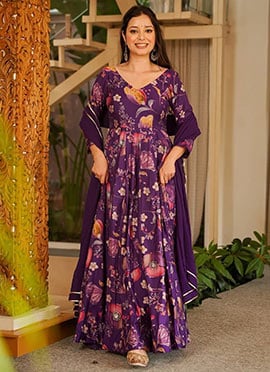Purple Rayon Floral Digital Print Anarkali Suit