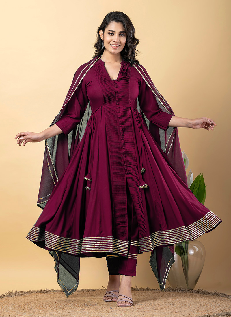 Purple Rayon Gota Lace Work Anarkali Suit After Six Wear