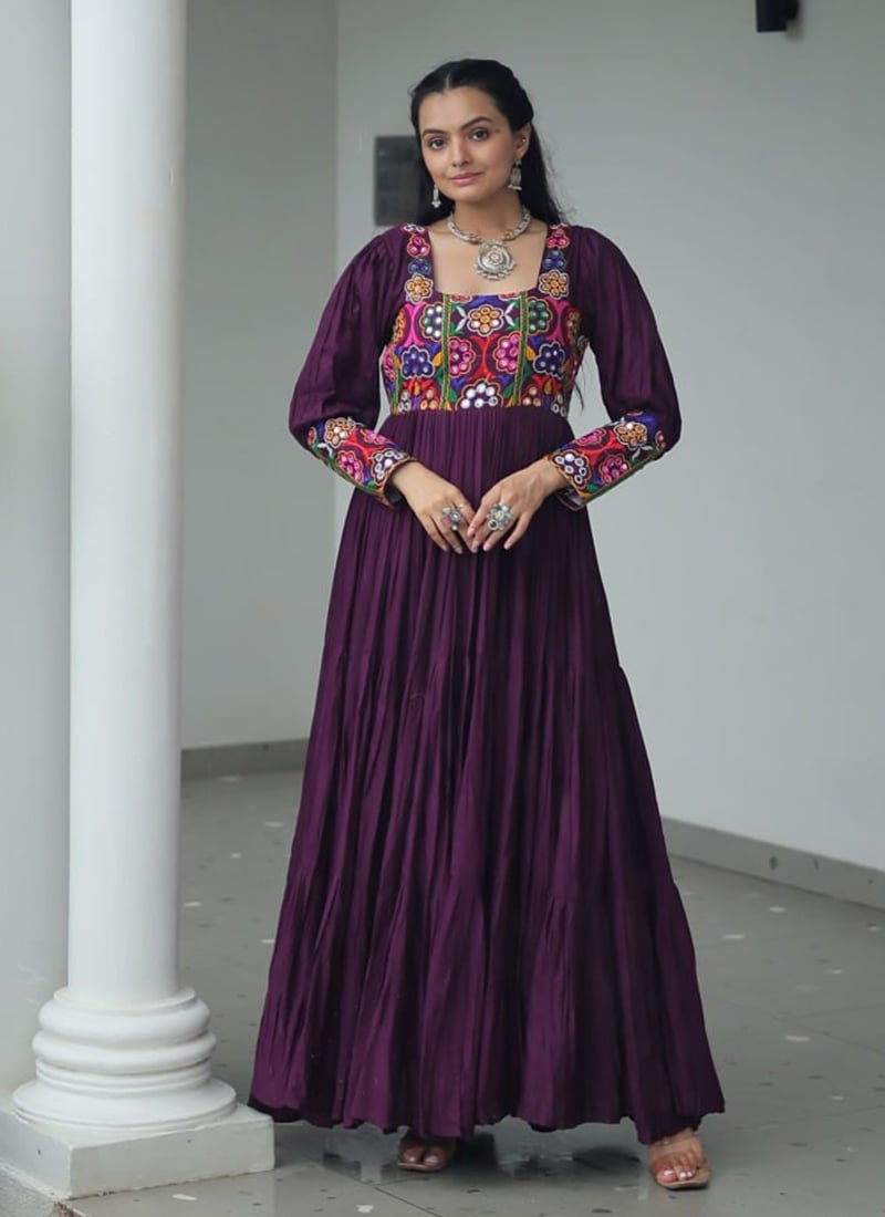 Purple Rayon Kutch Work Anarkali Gown
