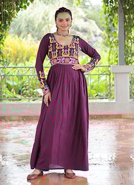 Purple Rayon Kutch Work Long Kurti Festive Wear