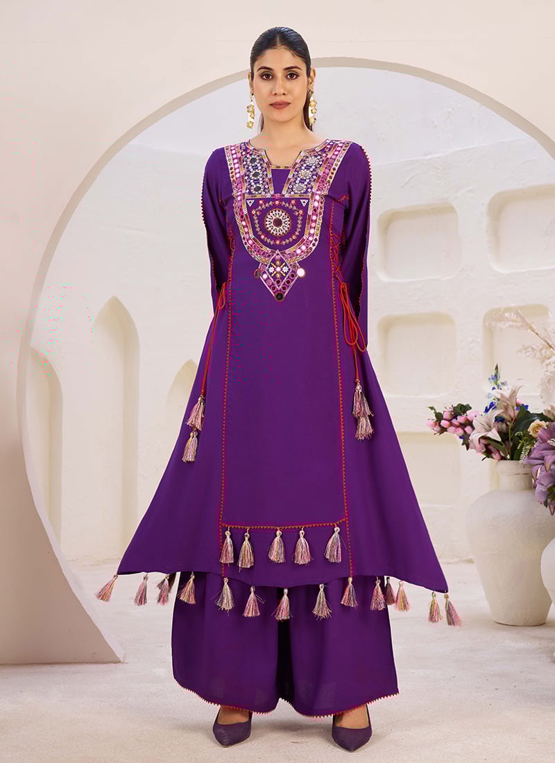 Purple Rayon Mirror Work Kutch Work Tussle Palazzo Set Festive Wear