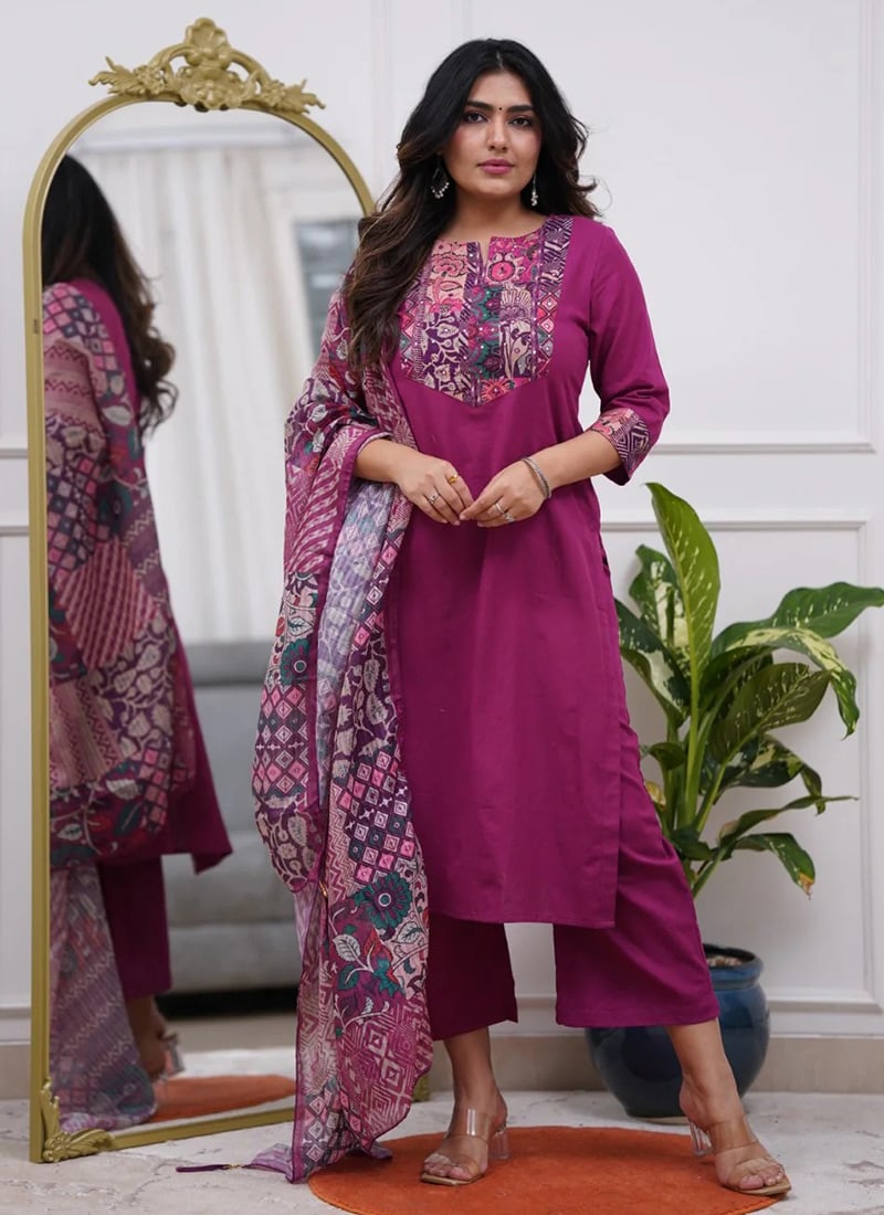 Purple Rayon Printed Straight Pant Suit  After Six Wear