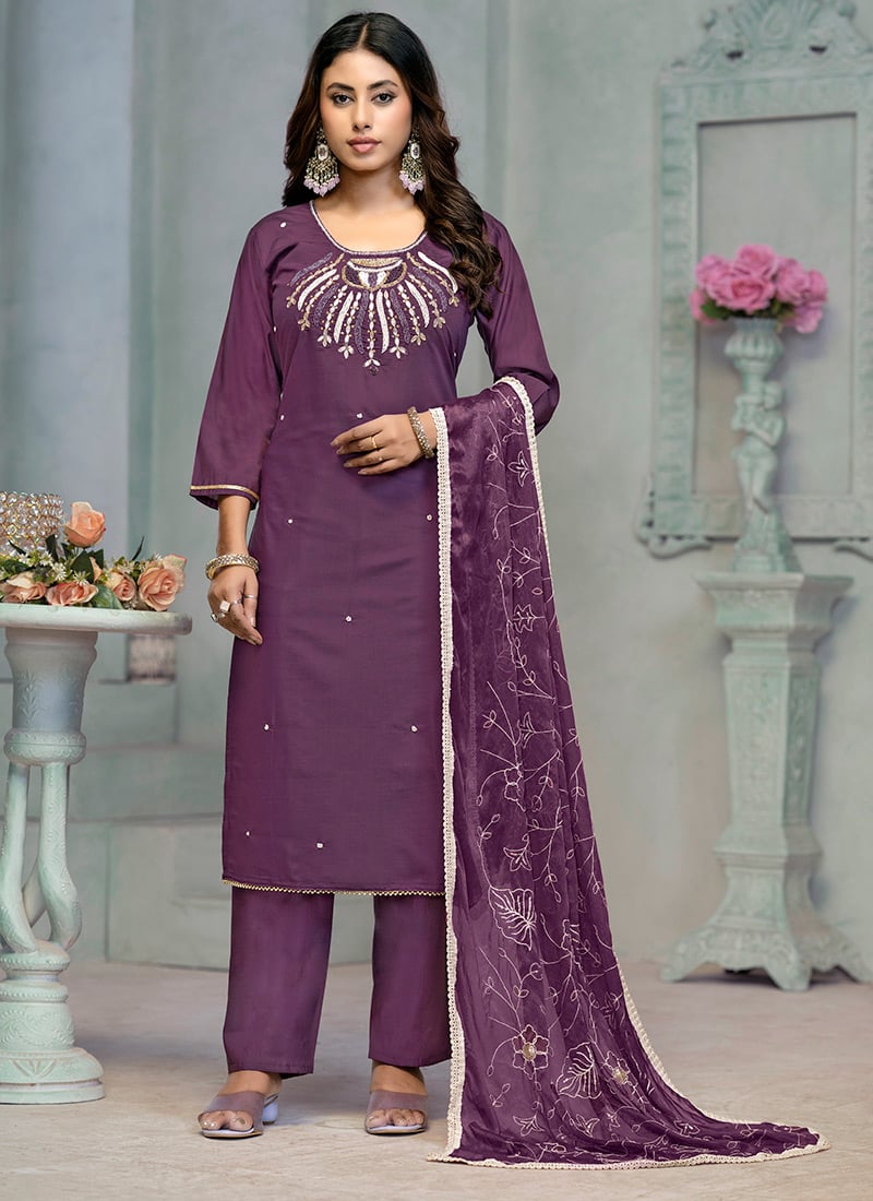 Purple Rayon Straight Pant Suit With Hand Embroidered And Printed Dupatta