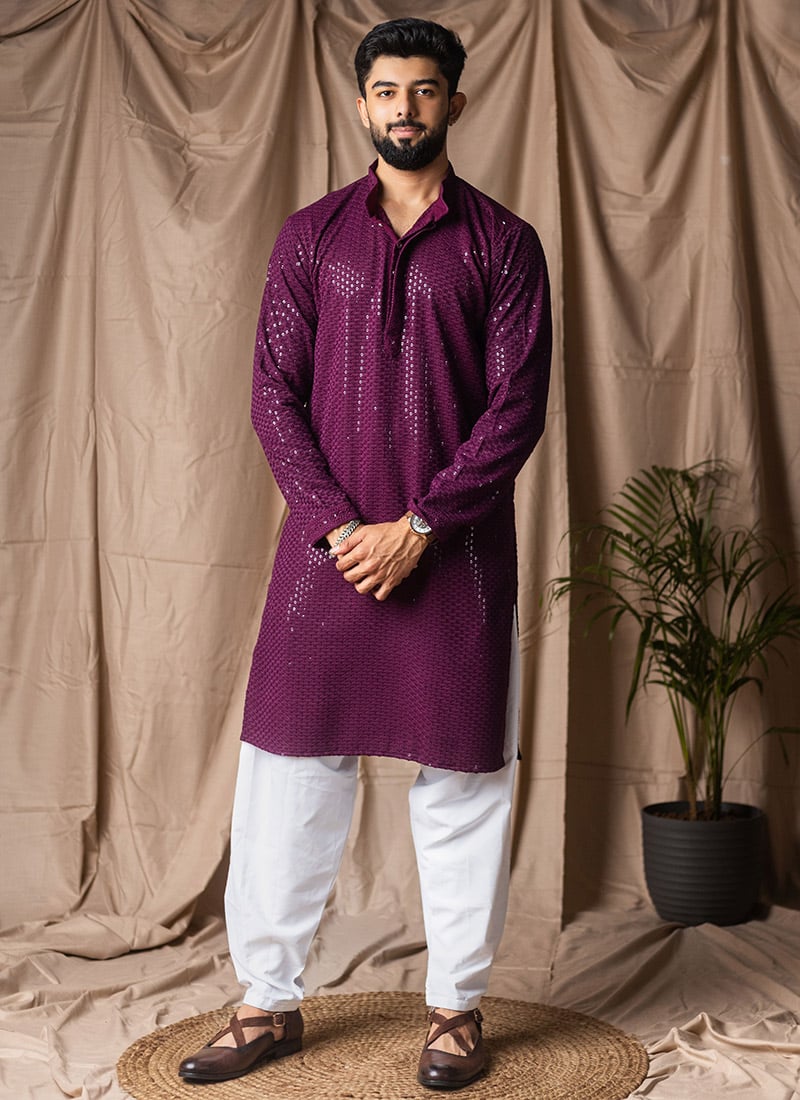 Purple Rayon Thread Embroidered Sequins Kurta Pyjama