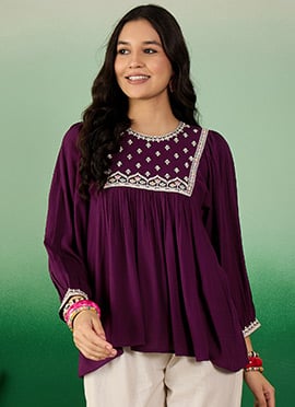 Purple Rayon Thread Work Short Kurti