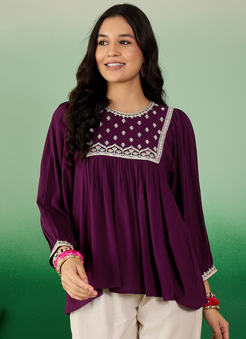 Purple Rayon Thread Work Short Kurti