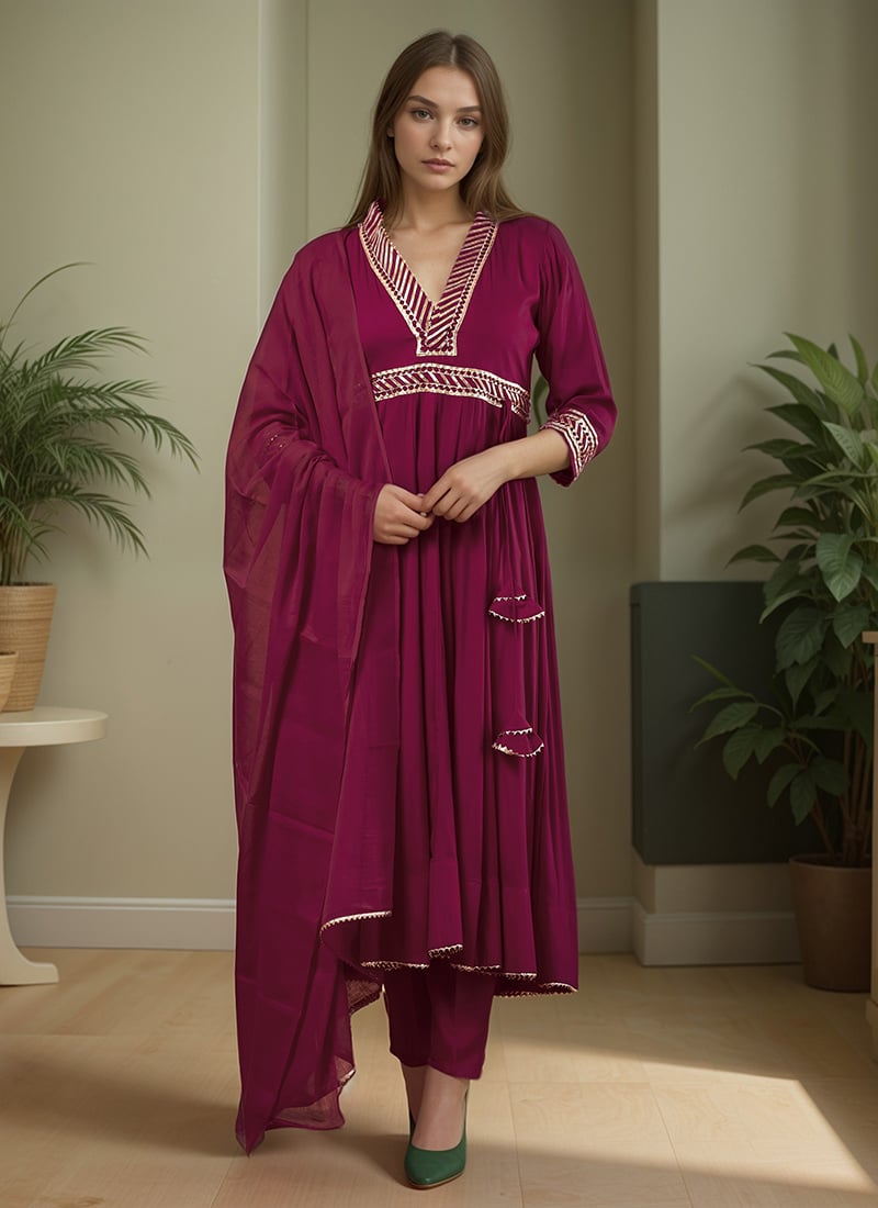 Purple Rayon Zari Gota Patti Anarkali Suit