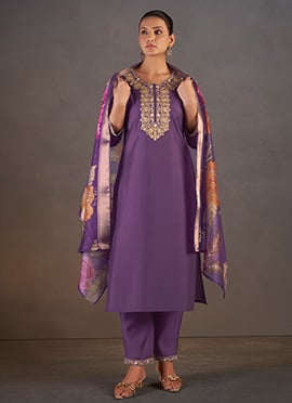 Purple Roman Silk Embroidered Sequins Straight Pant Suit