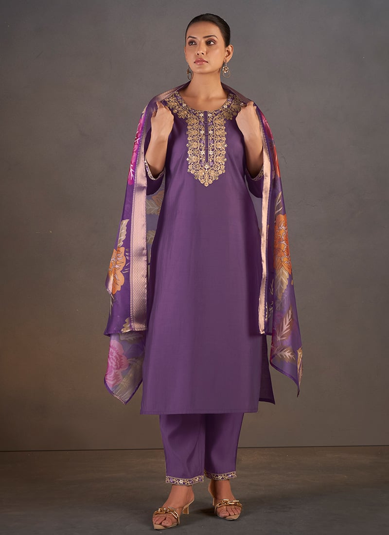 Purple Roman Silk Embroidered Sequins Straight Pant Suit Festive Wear