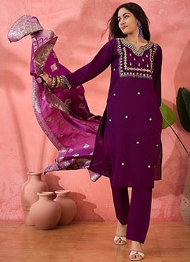 Purple Roman Silk Embroidered Straight Pant Suit With Jacquard Dupatta