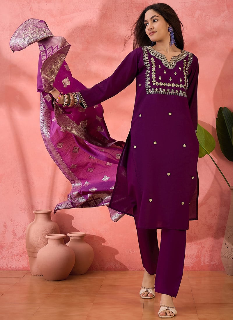 Purple Roman Silk Embroidered Straight Pant Suit With Jacquard Dupatta Festive Wear