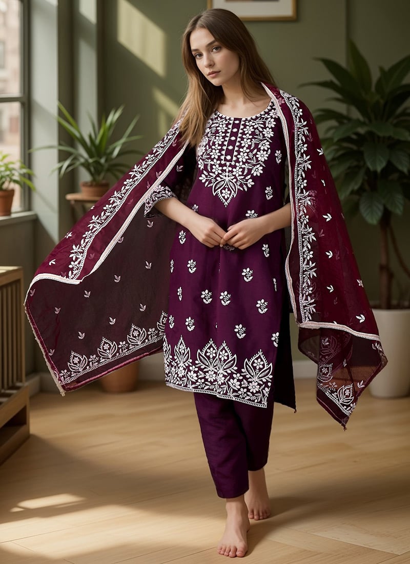 Purple Roman Silk Embroidered Straight Pnt Suit After Six Wear
