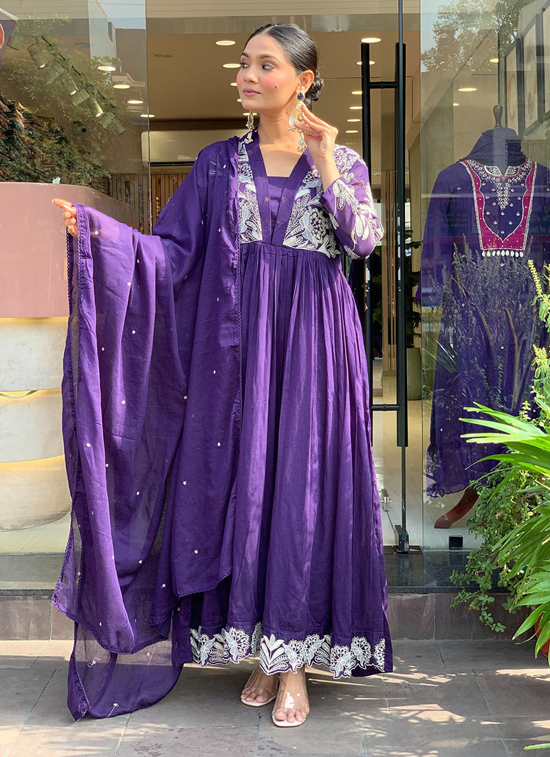 Purple Roman Silk Embroidered Thread Anarkali Suit Festive Wear