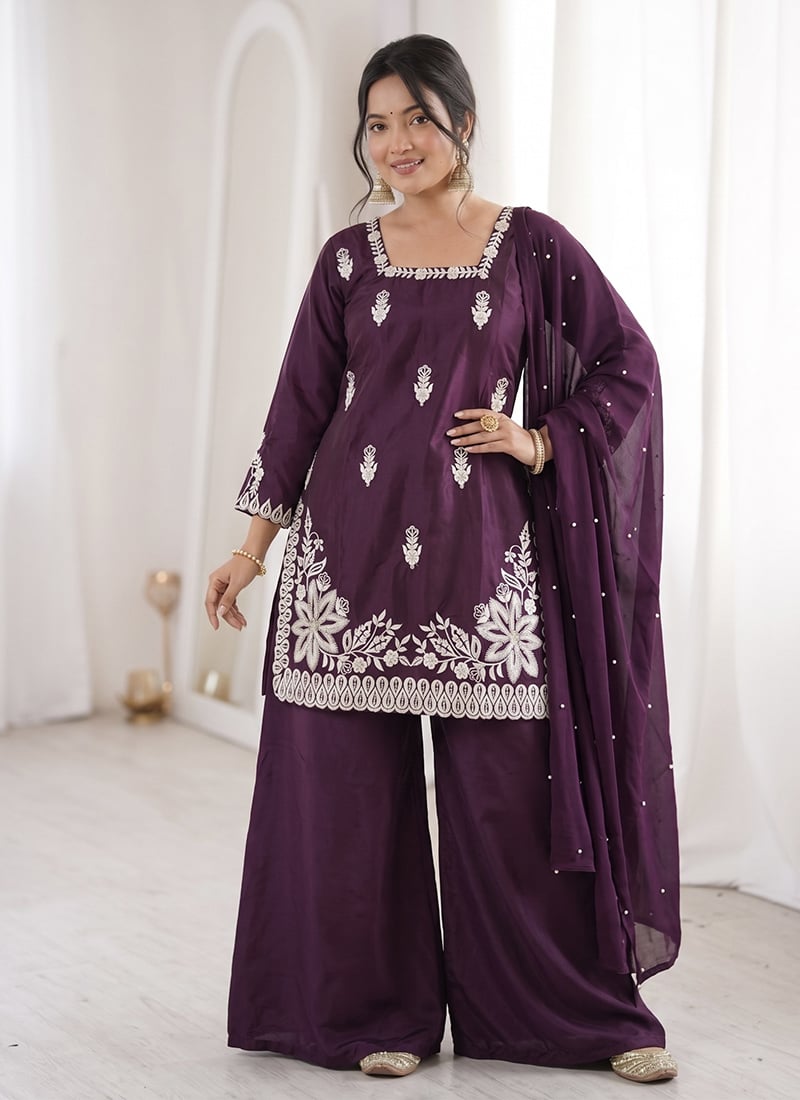 Purple Roman Silk Embroidered With Moti Work Palazzo Suit After Six Wear
