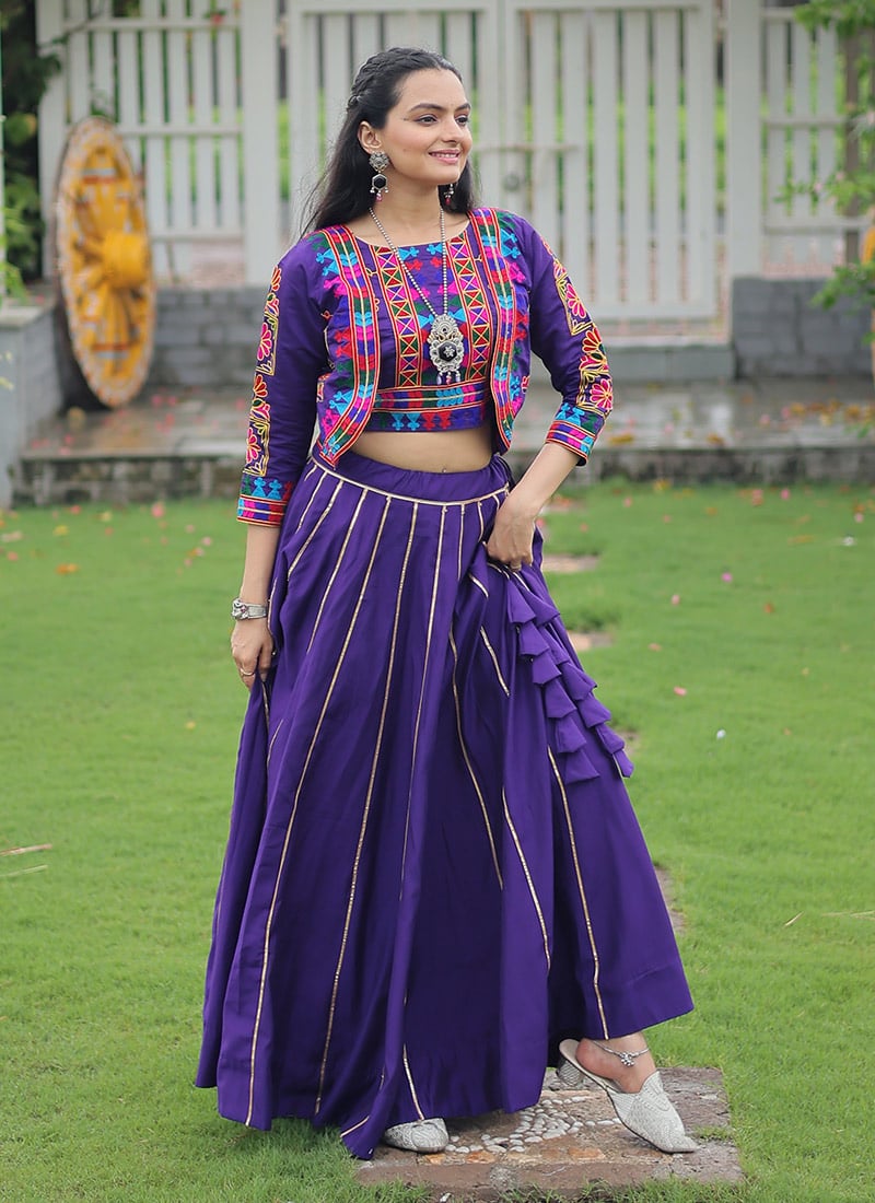 Purple Roman Silk Gota Indowestern Jacket And Skirt Set