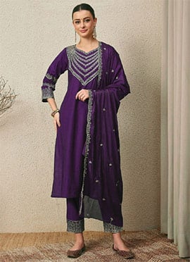 Purple Roman Silk Zari Sequin Straight Pant Suit