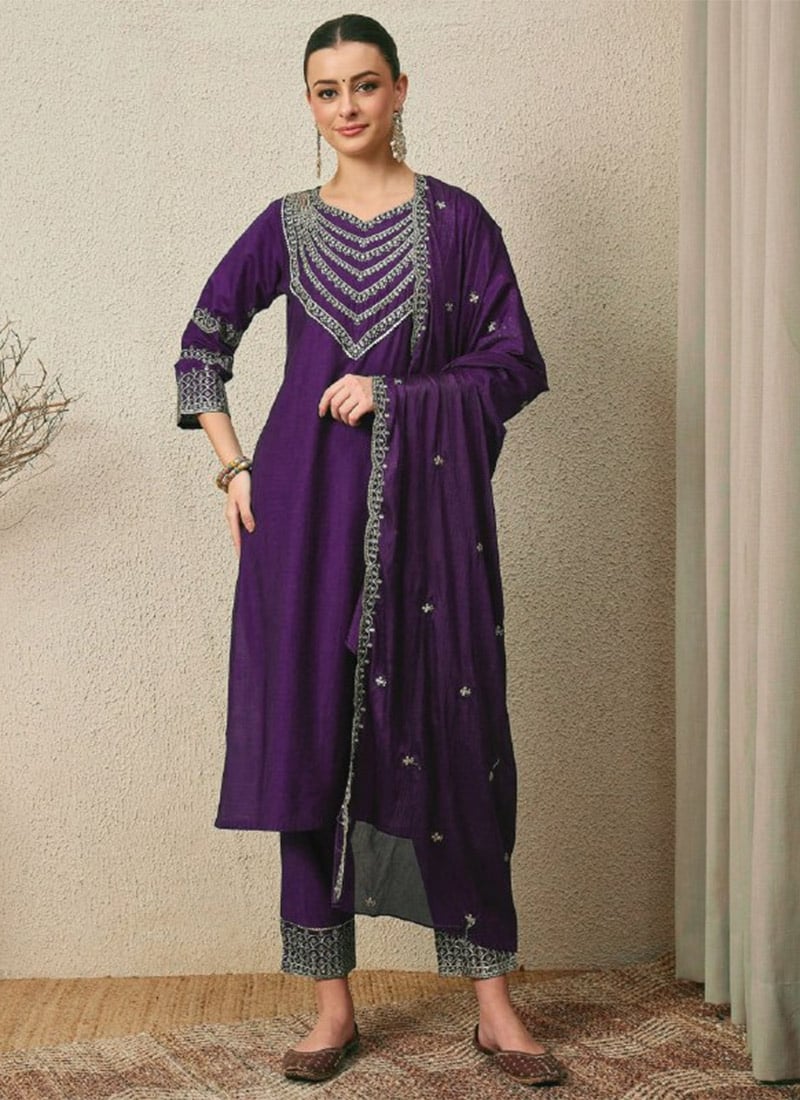 Purple Roman Silk Zari Sequin Straight Pant Suit After Six Wear