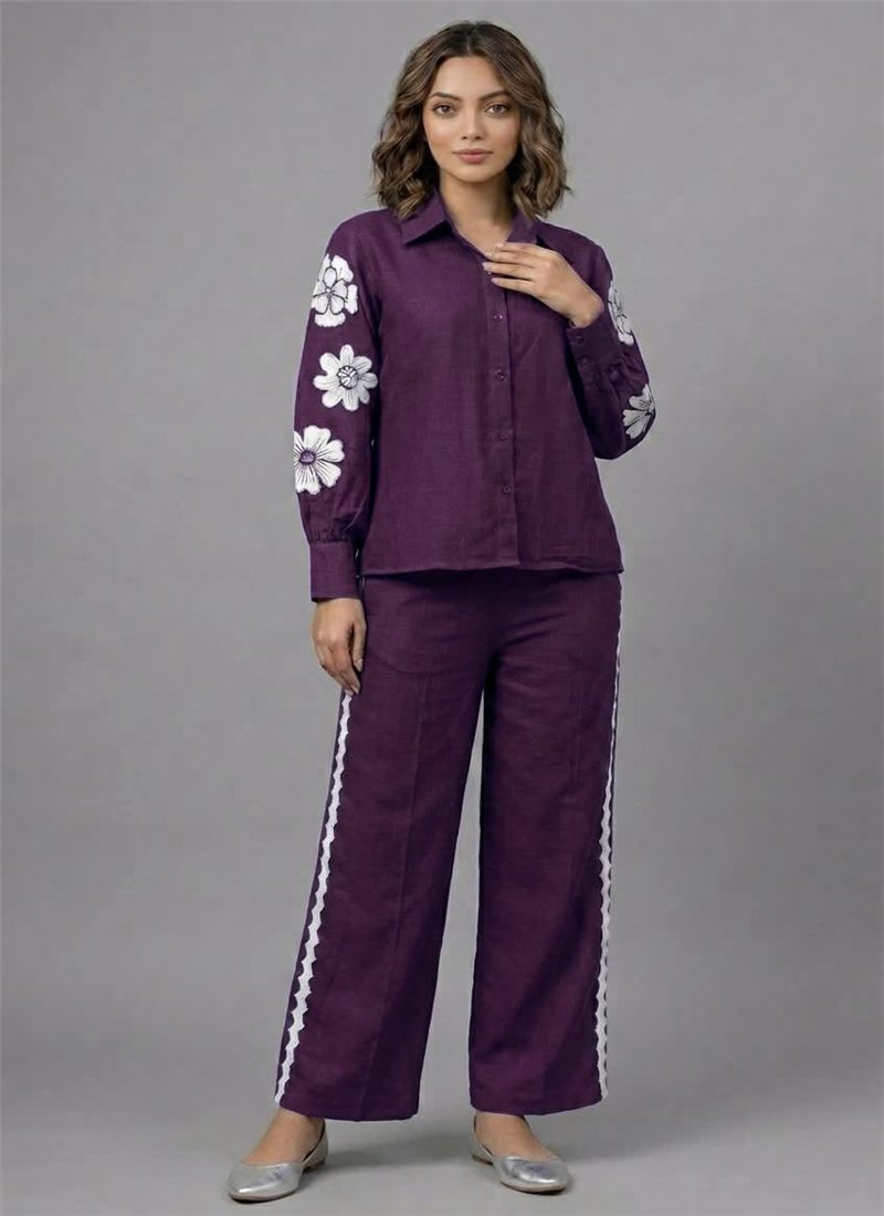 Purple Royal Bloom Rayon Cotton Co Ord Set After Six Wear