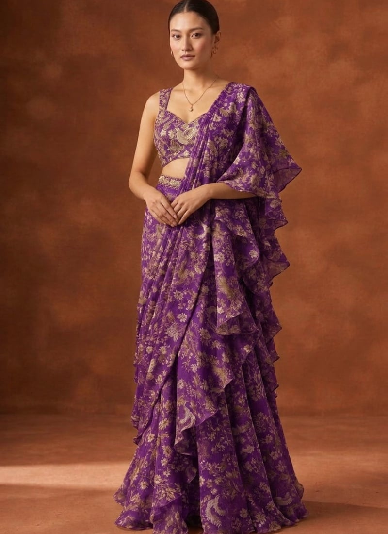 Purple Ruffle Saree Digital Print Sequins Cutdana Georgette Wedding Wear