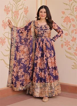 Purple Russian Silk Floral Digital Print With Embroidered Sequins Anarkali Suit Festive Wear