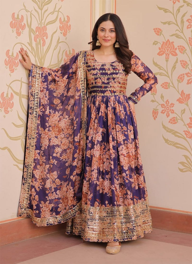 Purple Russian Silk Floral Digital Print With Embroidered Sequins Anarkali Suit