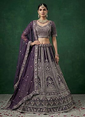Purple Satin Blend Embroidered Sequins Stones Umbrella Lehenga