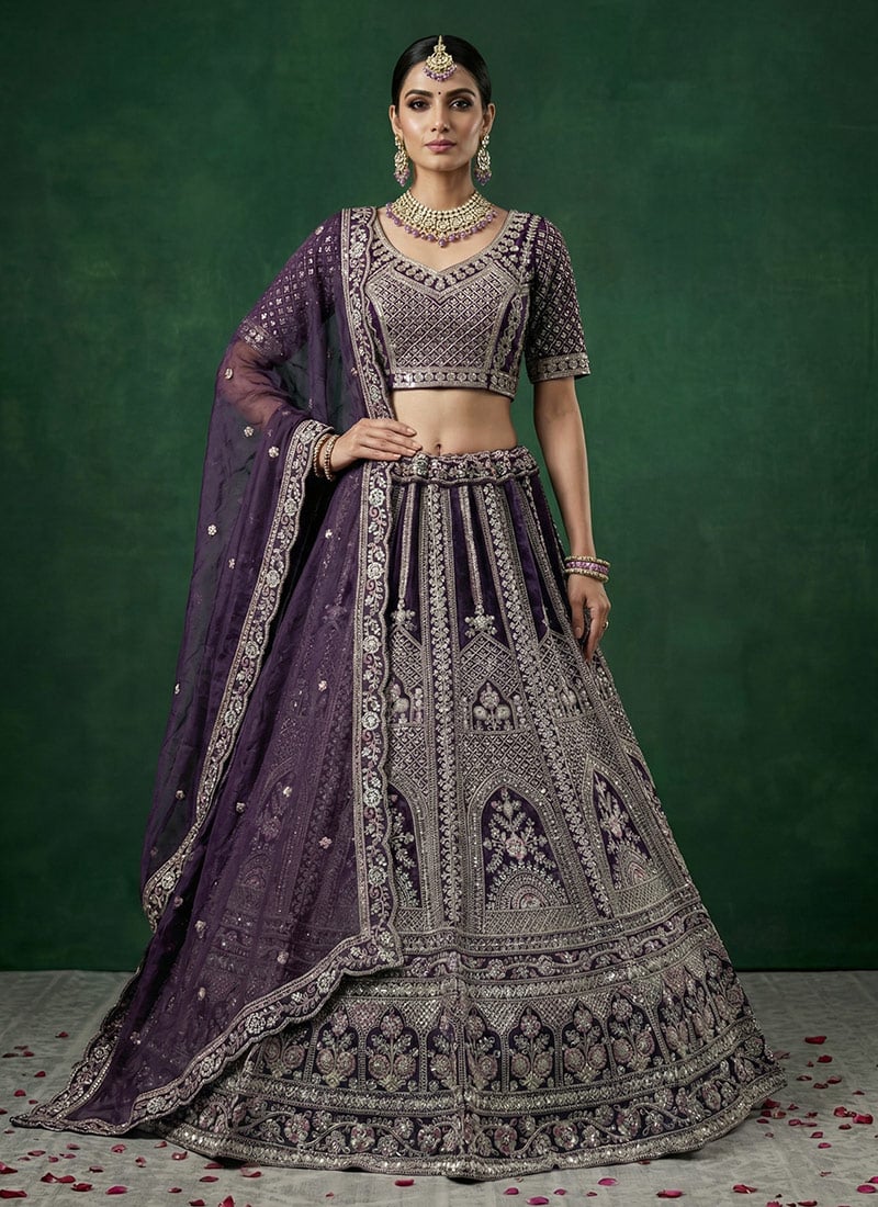 Purple Satin Blend Embroidered Sequins Stones Umbrella Lehenga Wedding Wear
