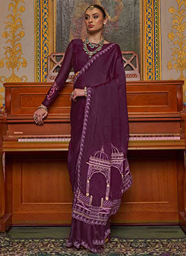 Purple Satin Chiffon Zari Embroidered Saree