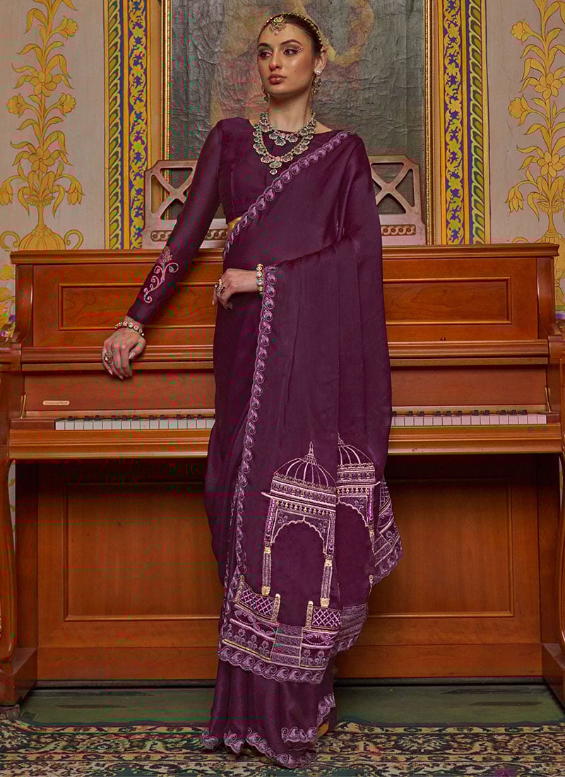 Purple Satin Chiffon Zari Embroidered Saree Festive Wear