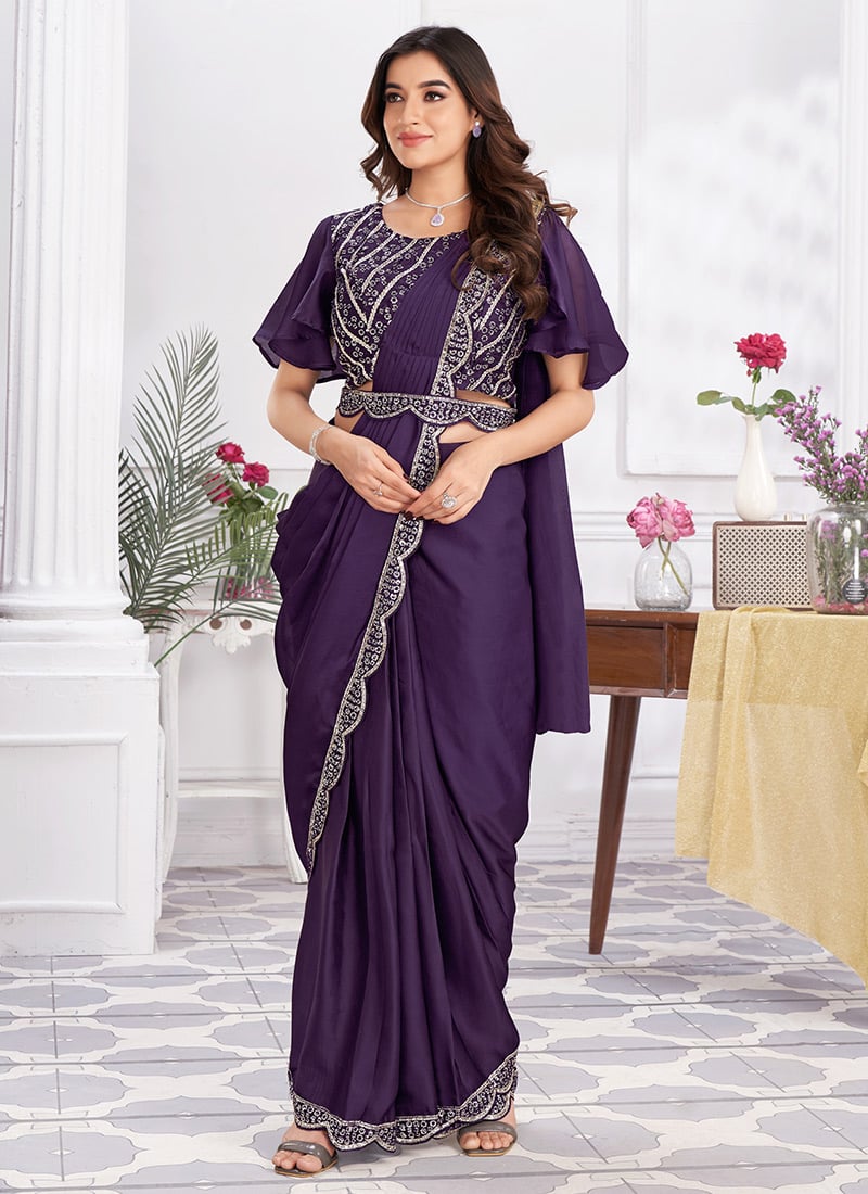 Purple Satin Embroidered Sequins Pre Draped Exquisite Saree