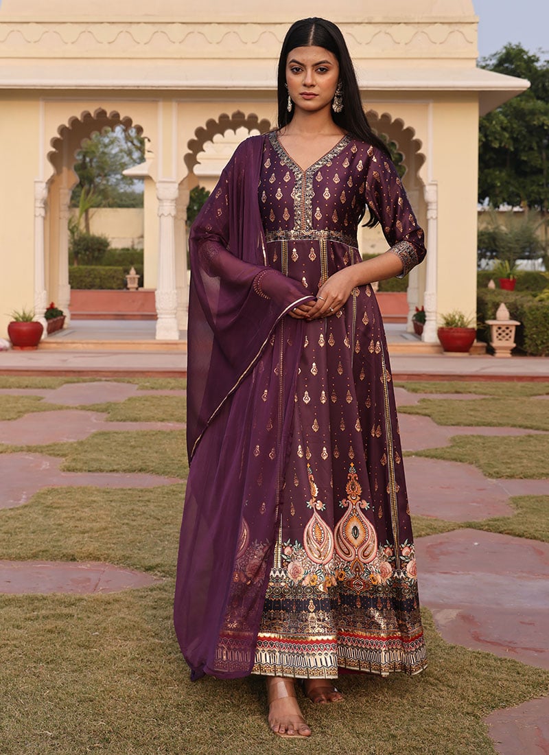 Purple Satin Foil Print Anarkali Suit