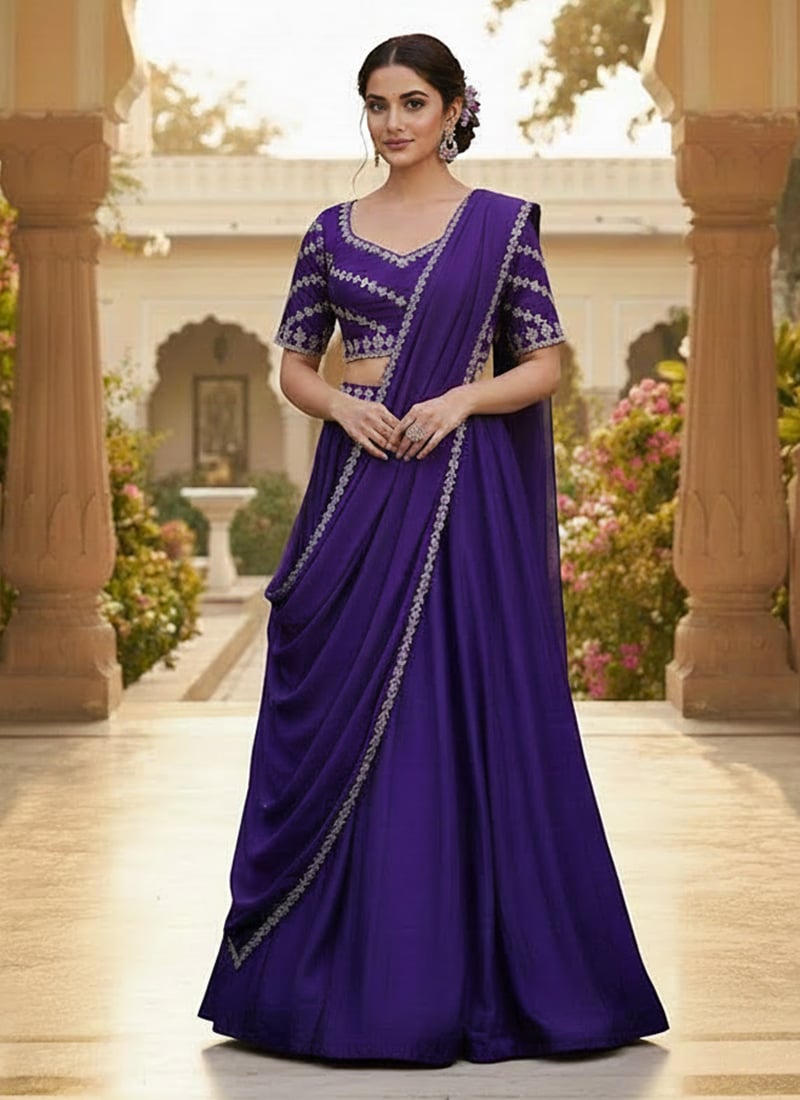 Purple Satin georgette Zari Sequins A Line Lehenga Wedding Wear