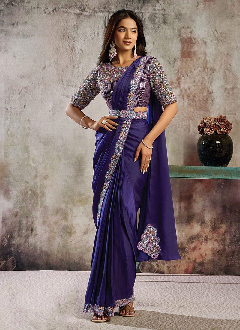 Purple Satin Hand Embroidered Sequins Pre Draped Saree Wedding Wear