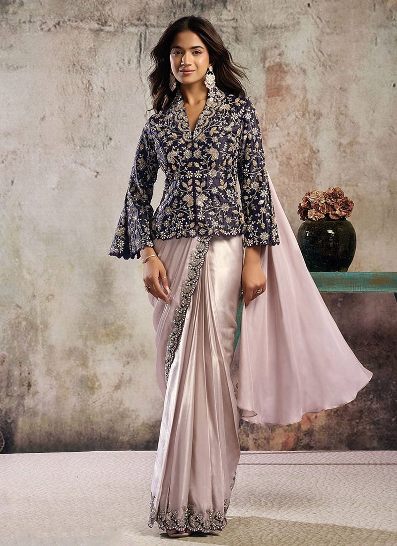 Purple Satin Hand Embroidered Sequins With Beads Work Pre Draped Structured Collar Saree Wedding Wear