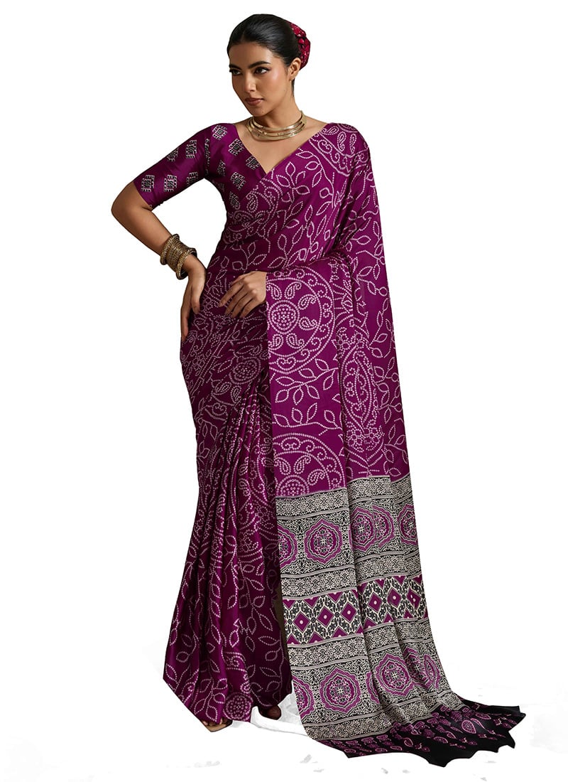 Purple Satin Silk Bandhini Print Saree After Six Wear