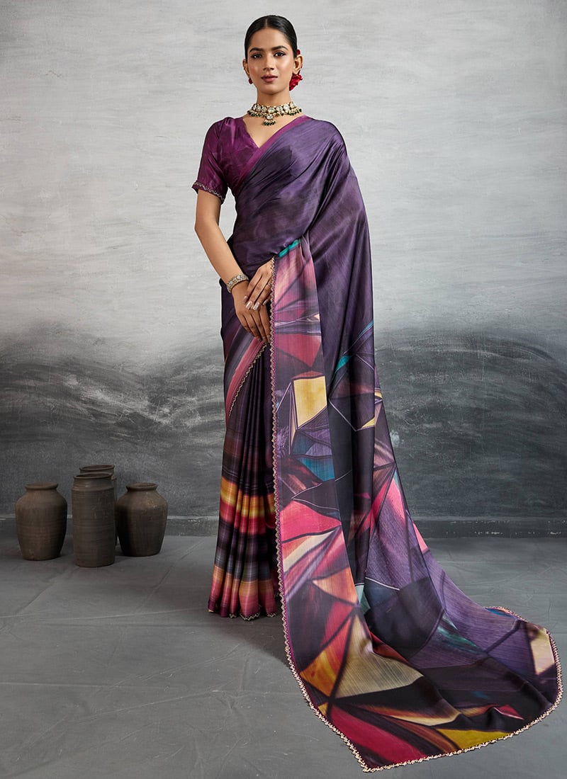 Purple Satin Silk Digital Print And Stones Saree After Six Wear