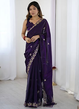 Purple Satin Silk Embroidered Sequins Classy Saree