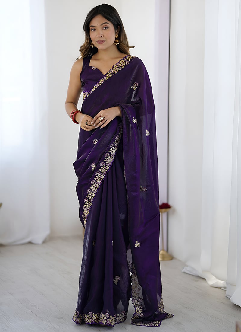 Purple Satin Silk Embroidered Sequins Classy Saree Festive Wear