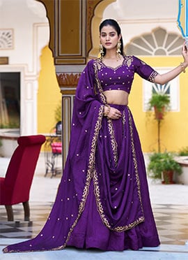 Purple Satin Silk Embroidered Sequins Lehenga