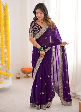 Purple Satin Silk Embroidered Sequins Saree