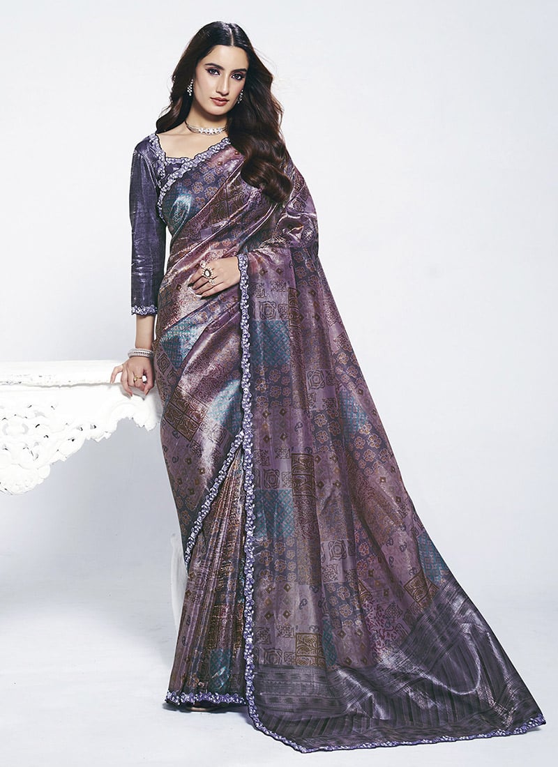 Purple Satin Silk Embroidery With Stone Saree Festive Wear