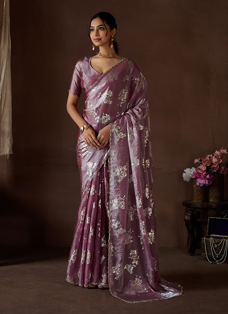 Purple Satin Silk Foil Print Stone Work Saree Festive Wear