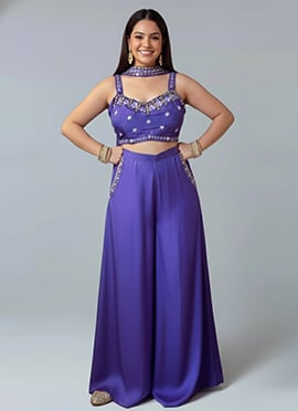 Purple Satin Silk Hand Embroidered Beads Sequins Indowestern Palazzo Set