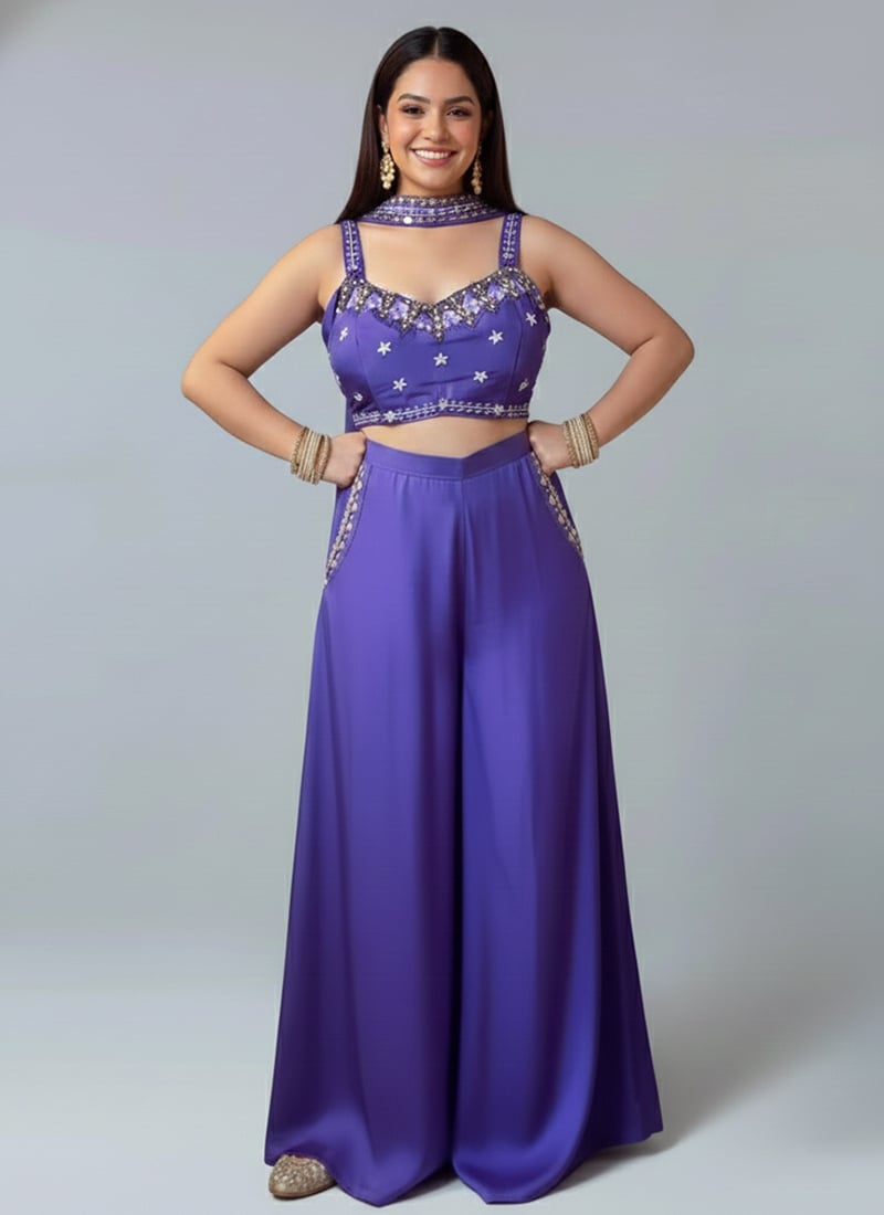 Purple Satin Silk Hand Embroidered Beads Sequins Indowestern Palazzo Set After Six Wear
